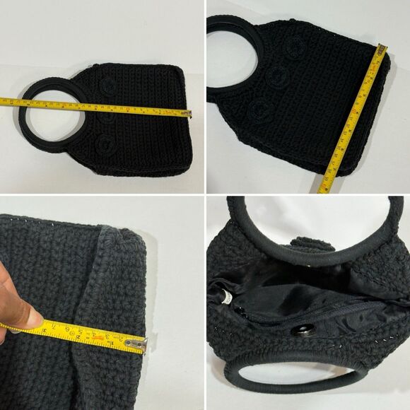 WOMEN CROCHET BLACK VINTAGE CLUTCH PURSE HANDBAG BAG WITH FLOWERS BOHO STYLE - Picture 11 of 15